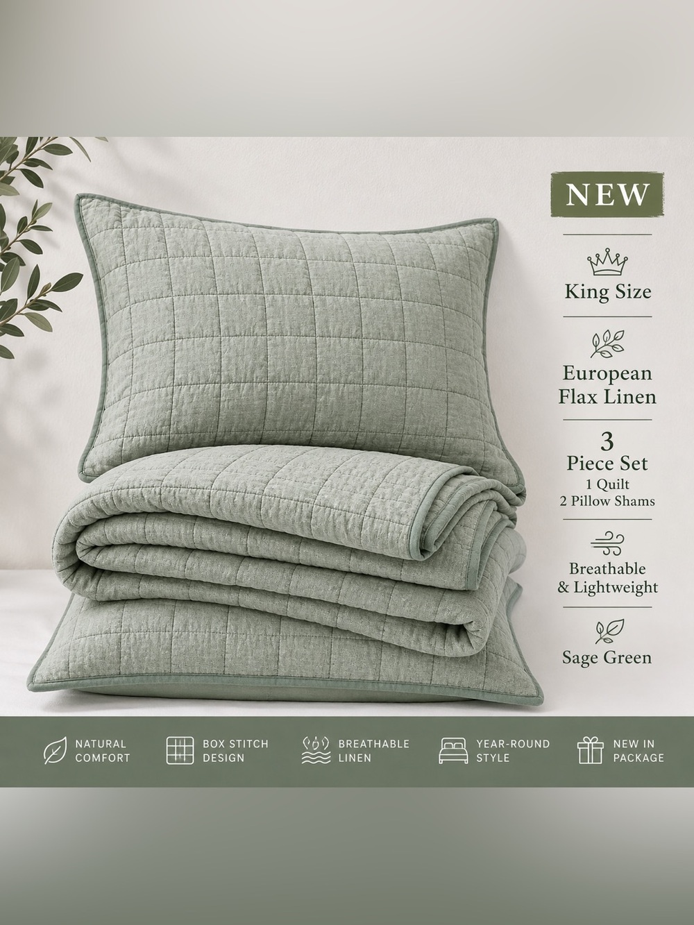 Hyde Lane European Flax Linen Quilt Set King Sage Box Stitch 3Pc NWT